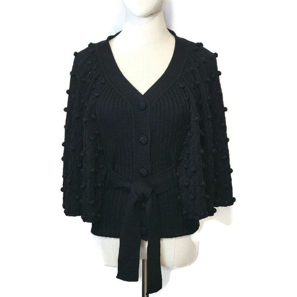 Rebecca Taylor Wool Blend Sweater V Neck Wide Sleeve Tie Waist Bobble Black XS